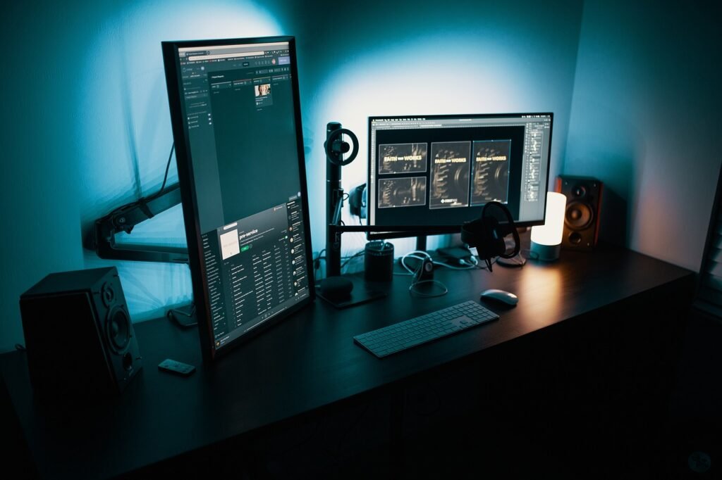 desktop, computer, work space, technology, monitors, screens, speakers, audio technology, illuminated, computer, computer, computer, computer, computer